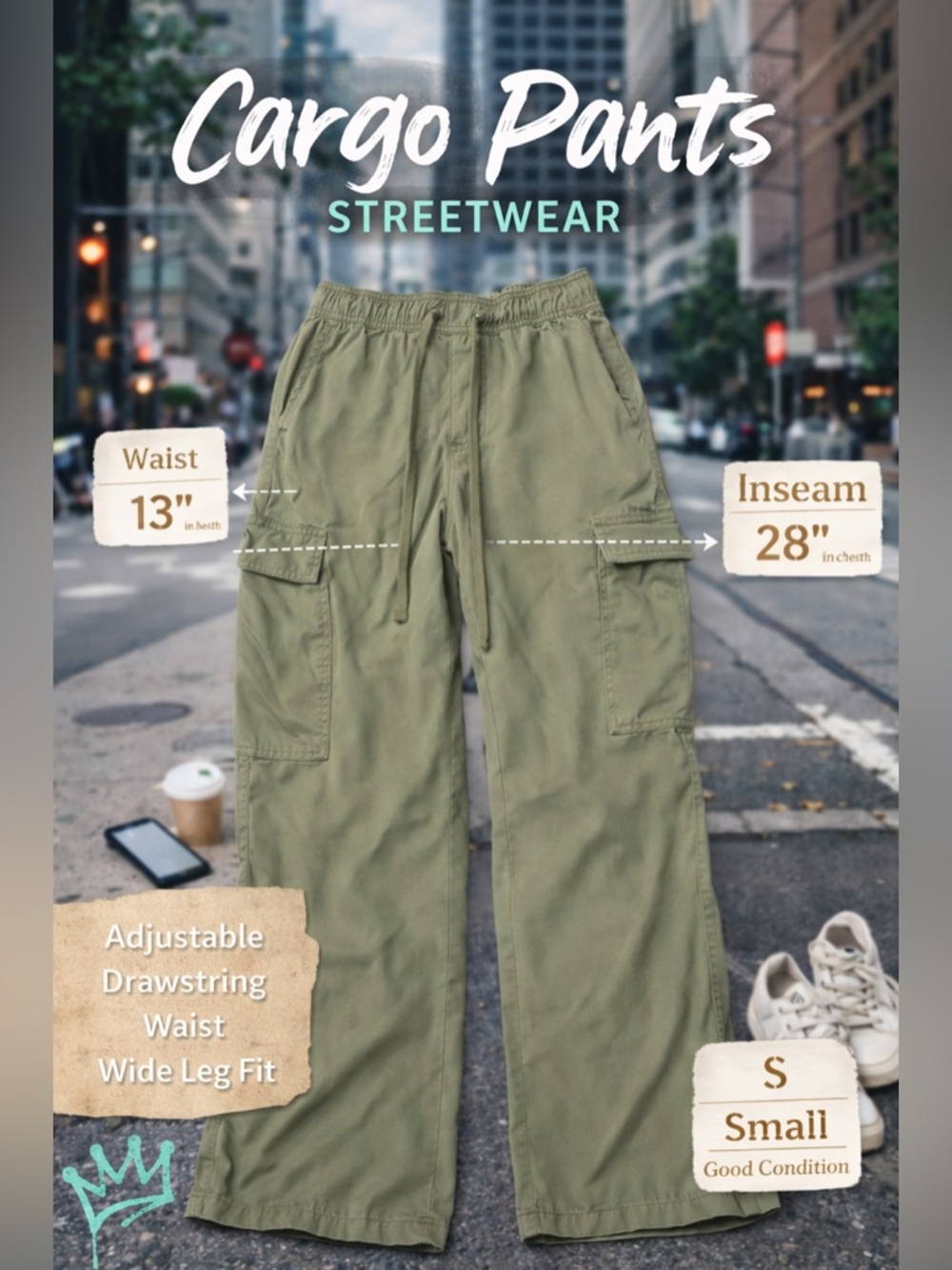 Olive Green Cargo Pants Adjustable Drawstring‎ Waist Wide Leg Utility Pants Sz S